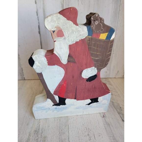 Wooden Santa Claus walking stick vintage home decor toy teddy bear - Picture 1 of 9
